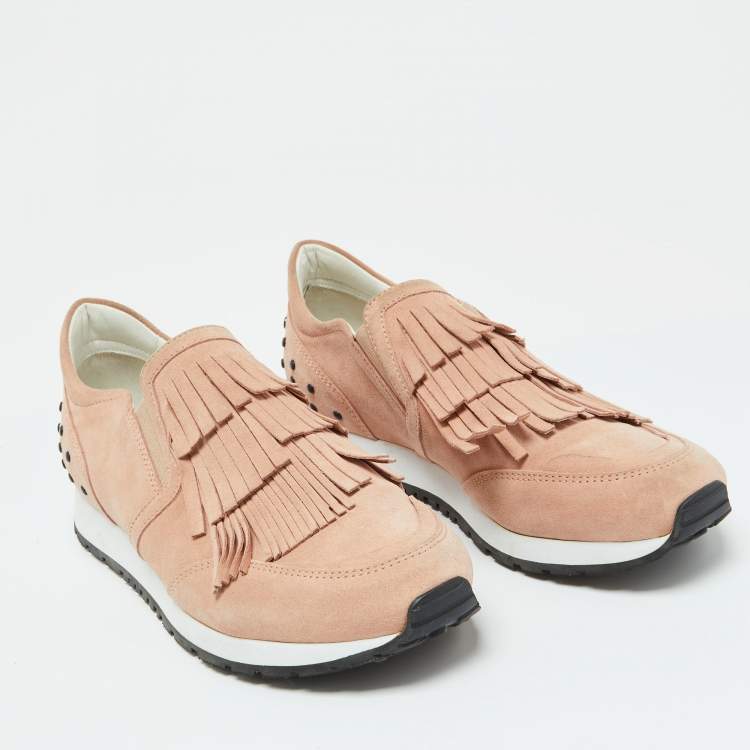 Pre Owned Tod's Peach Suede Fringe Slip On Sneakers Size 37.5
