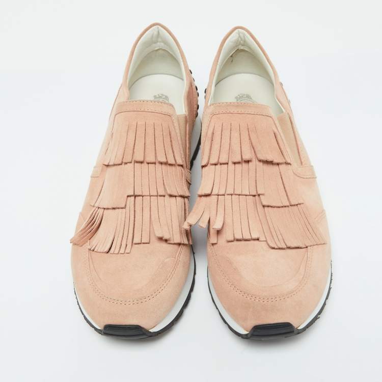 Pre Owned Tod's Peach Suede Fringe Slip On Sneakers Size 37.5