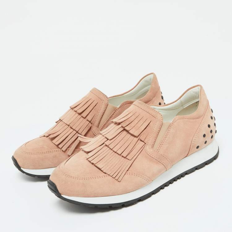 Pre Owned Tod's Peach Suede Fringe Slip On Sneakers Size 37.5