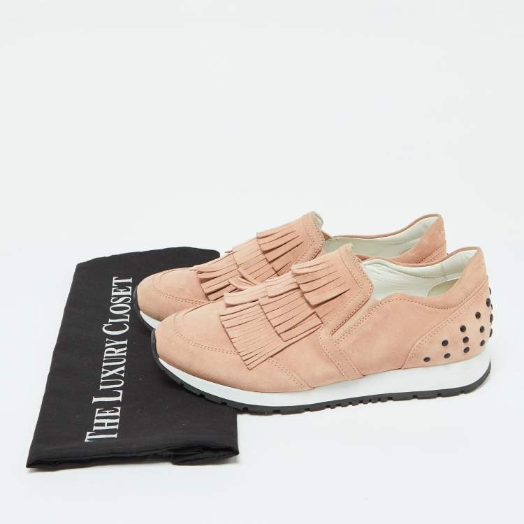 Pre Owned Tod's Peach Suede Fringe Slip On Sneakers Size 37.5