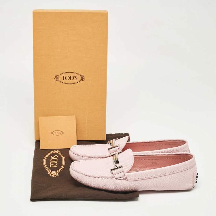 Pre Owned Tod's Pink Lizard Embossed Leather Double T Loafers Size 39.5