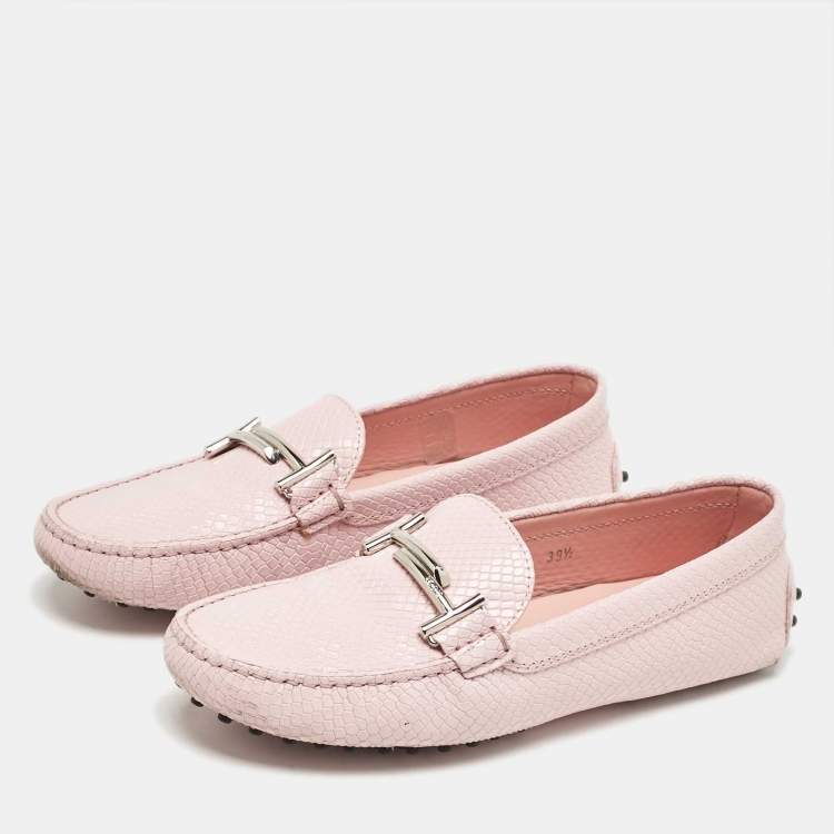 Pre Owned Tod's Pink Lizard Embossed Leather Double T Loafers Size 39.5