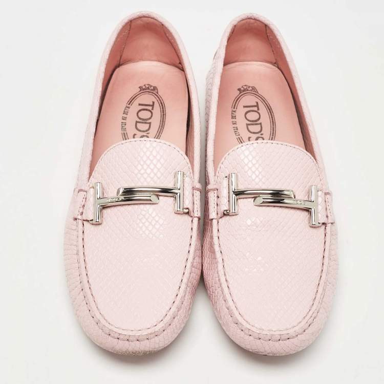 Pre Owned Tod's Pink Lizard Embossed Leather Double T Loafers Size 39.5