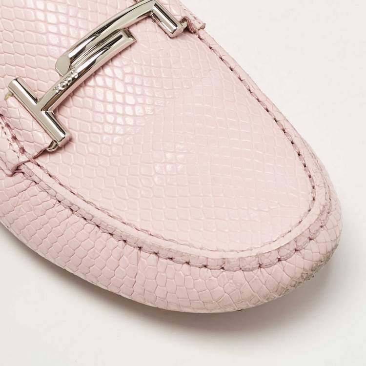 Pre Owned Tod's Pink Lizard Embossed Leather Double T Loafers Size 39.5