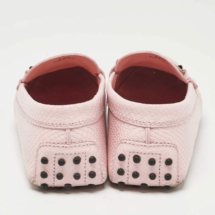 Pre Owned Tod's Pink Lizard Embossed Leather Double T Loafers Size 39.5