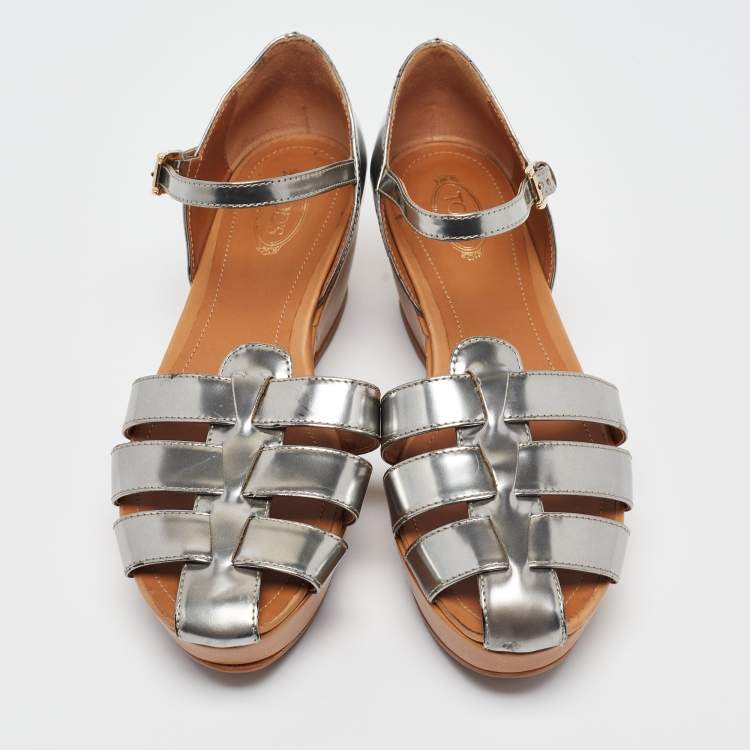 Pre Owned Tod's Silver Leather Platform Sandals Size 40