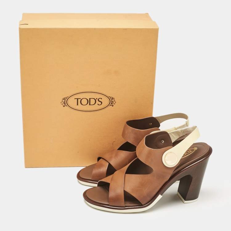 Pre Owned Tod's Brown/White Leather Block Heel Slingback Sandals Size 40