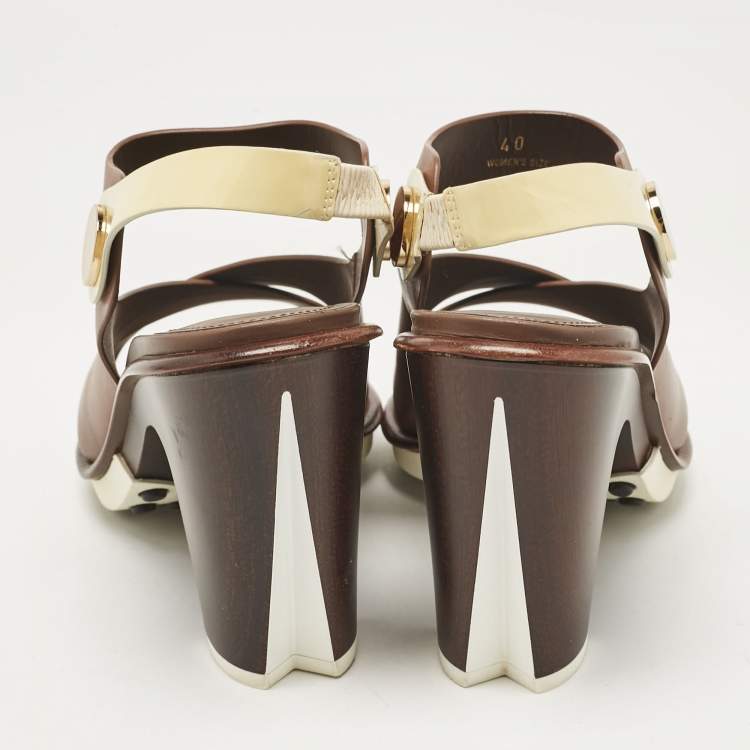 Pre Owned Tod's Brown/White Leather Block Heel Slingback Sandals Size 40