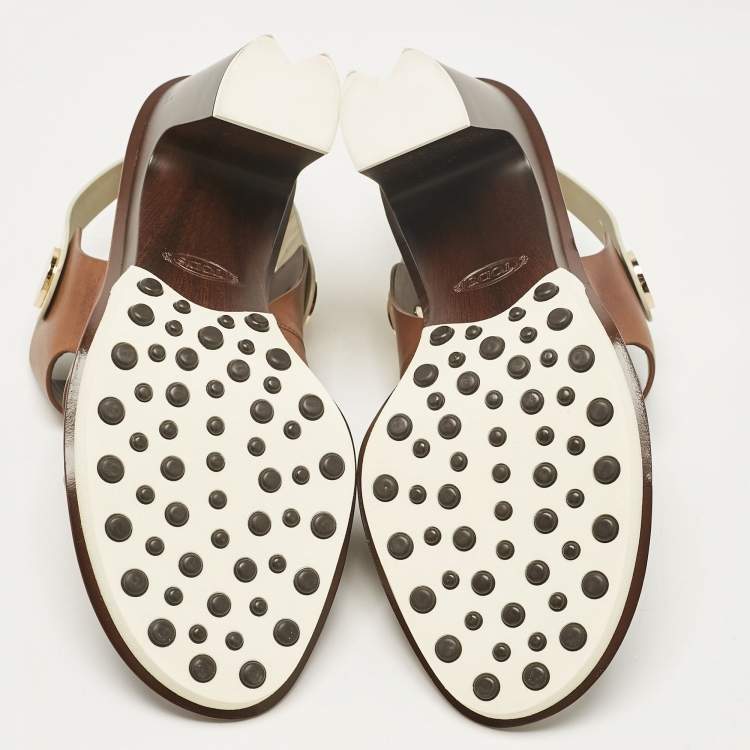 Pre Owned Tod's Brown/White Leather Block Heel Slingback Sandals Size 40
