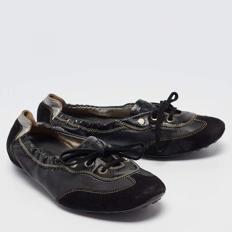 Pre Owned Tod's Black Leather and Suede Ballet Flats Size 37.5