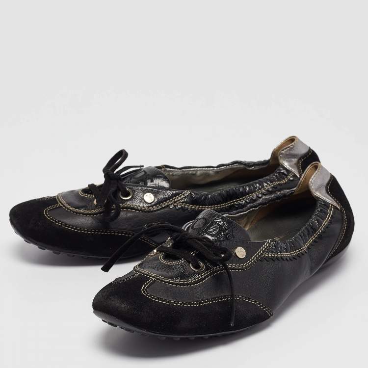 Pre Owned Tod's Black Leather and Suede Ballet Flats Size 37.5