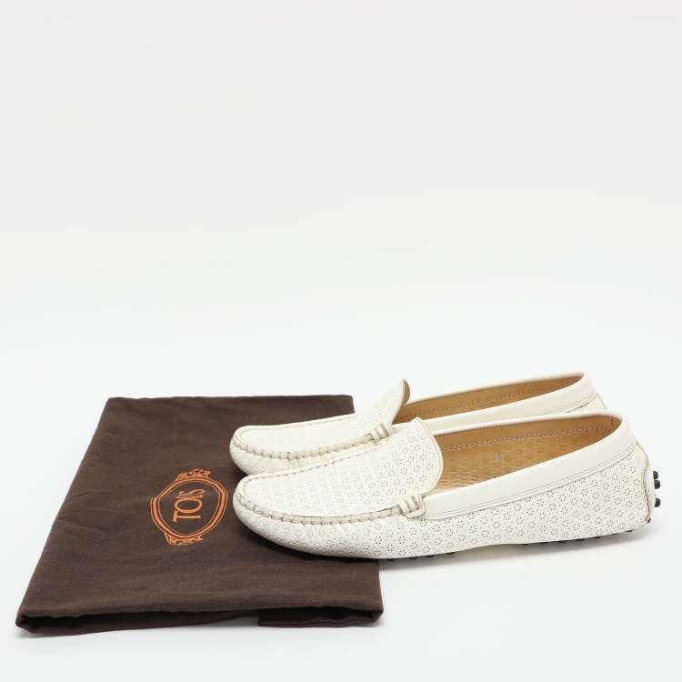 Pre Owned Tod's White Laser Cut Patent Leather Slip On Loafers Size 37