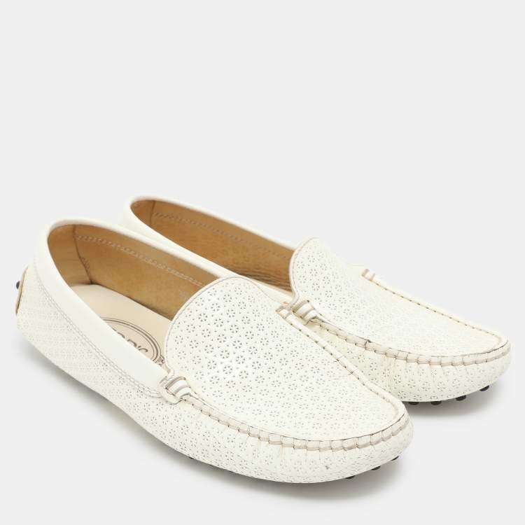 Pre Owned Tod's White Laser Cut Patent Leather Slip On Loafers Size 37