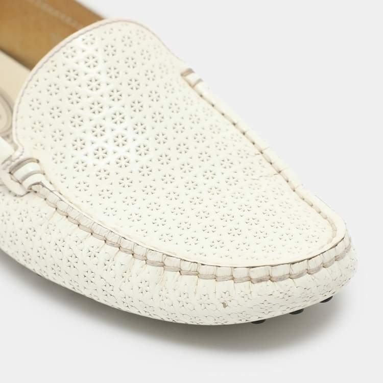 Pre Owned Tod's White Laser Cut Patent Leather Slip On Loafers Size 37