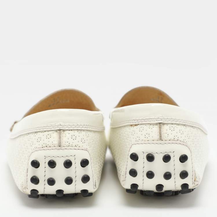 Pre Owned Tod's White Laser Cut Patent Leather Slip On Loafers Size 37