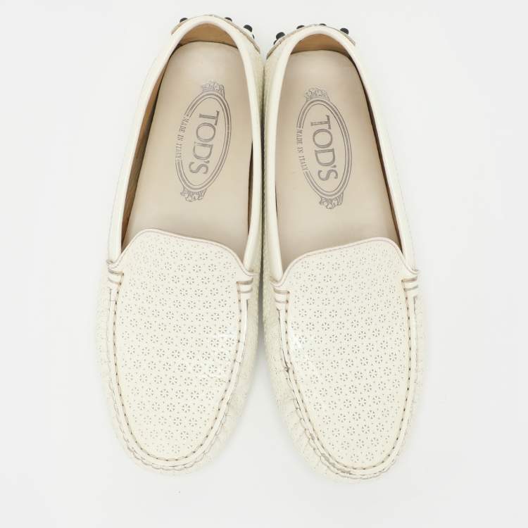 Pre Owned Tod's White Laser Cut Patent Leather Slip On Loafers Size 37