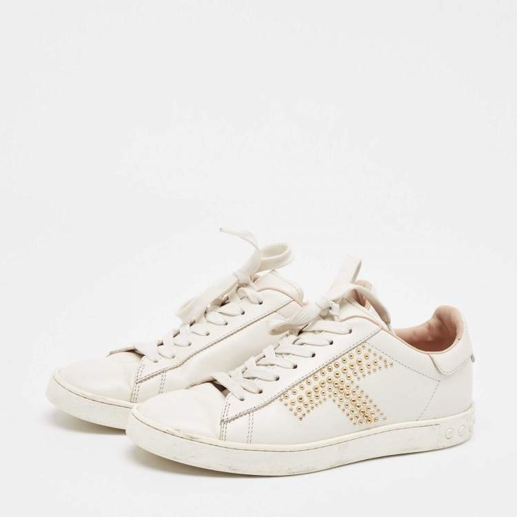 Pre Owned Tod's White Leather Studs Lace Up Sneakers Size 36