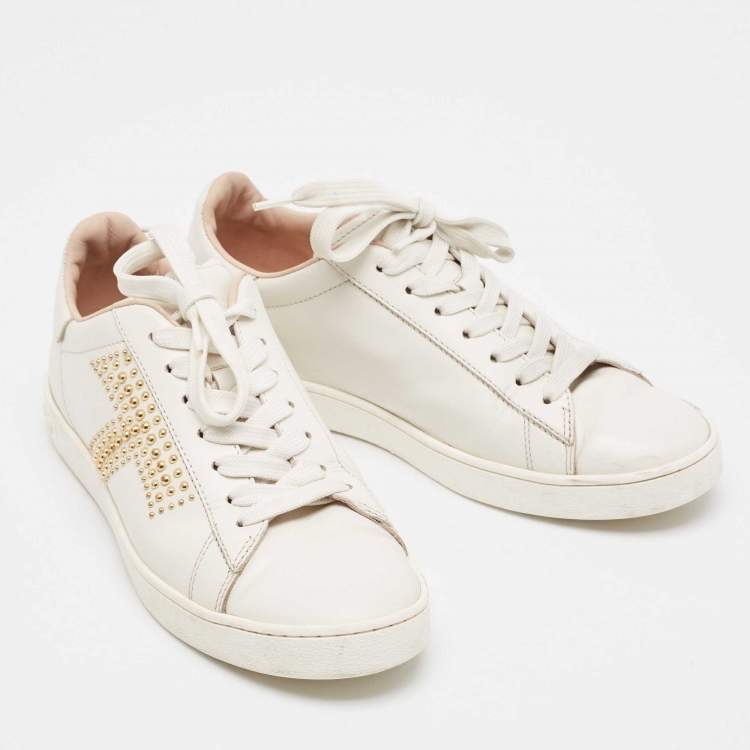 Pre Owned Tod's White Leather Studs Lace Up Sneakers Size 36