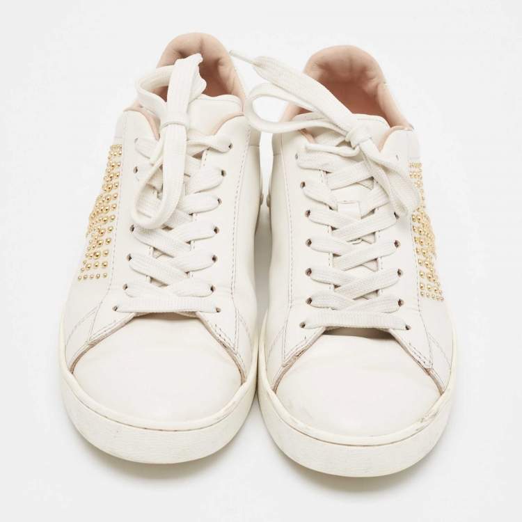 Pre Owned Tod's White Leather Studs Lace Up Sneakers Size 36