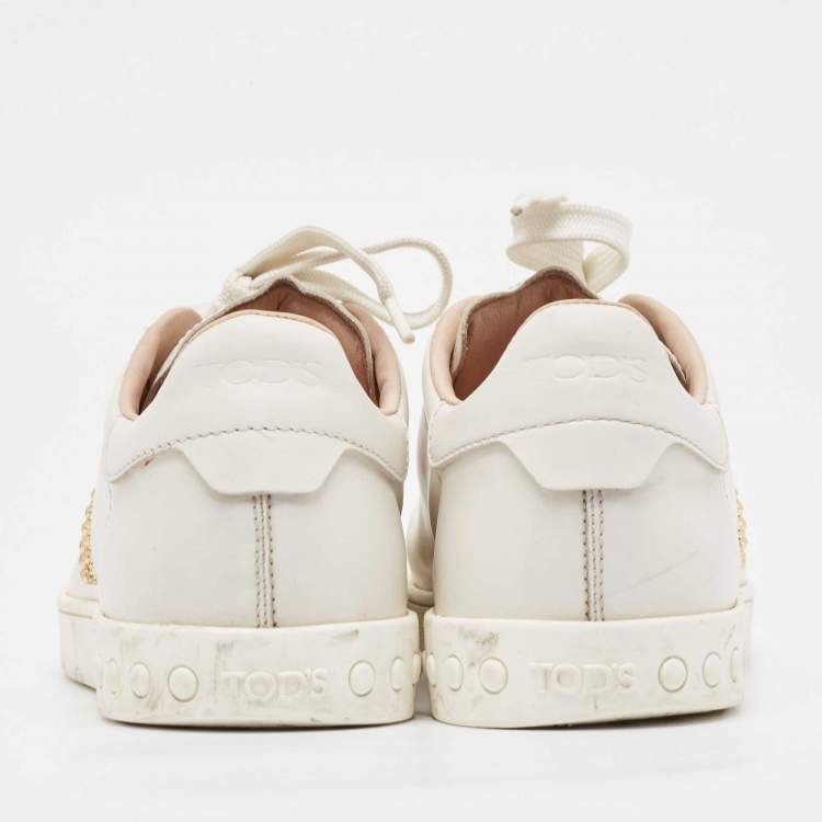 Pre Owned Tod's White Leather Studs Lace Up Sneakers Size 36