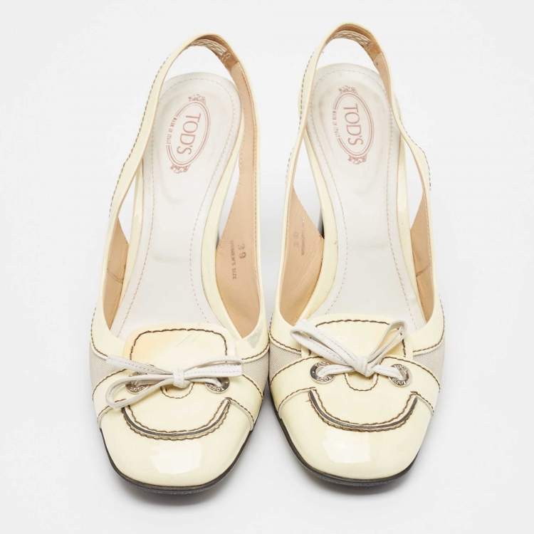 Pre Owned Tod's Cream Patent Leather and Fabric Bow Slingback Pumps Size 39