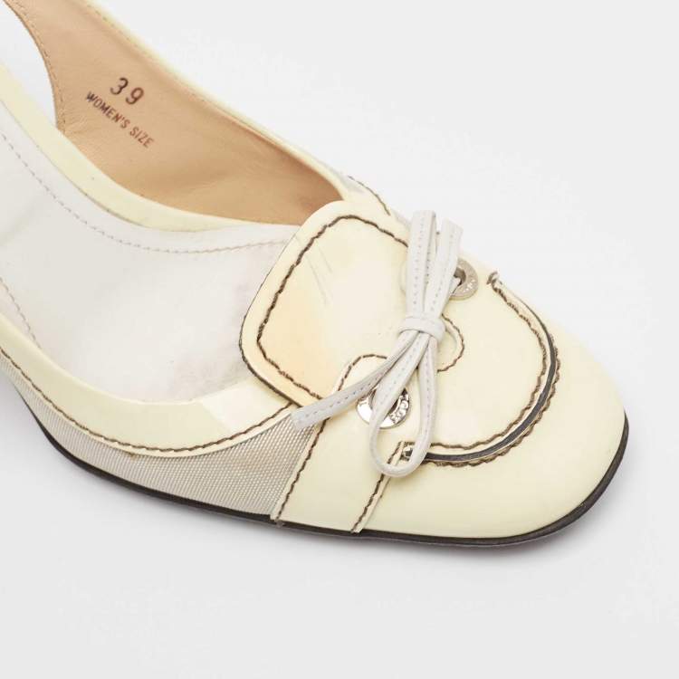 Pre Owned Tod's Cream Patent Leather and Fabric Bow Slingback Pumps Size 39