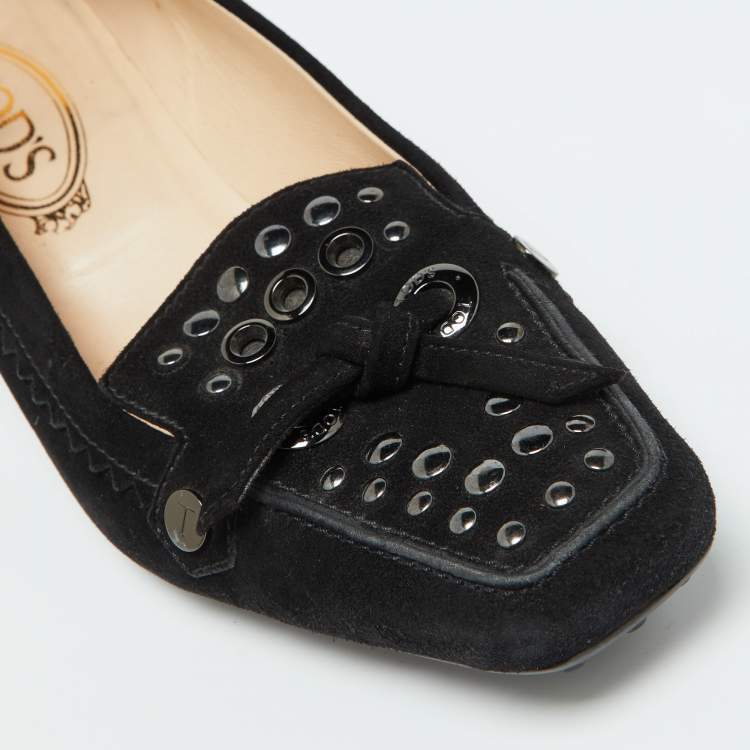 Pre Owned Tod's Black Suede Studded Kitten Heel Loafer Pumps Size 38.5