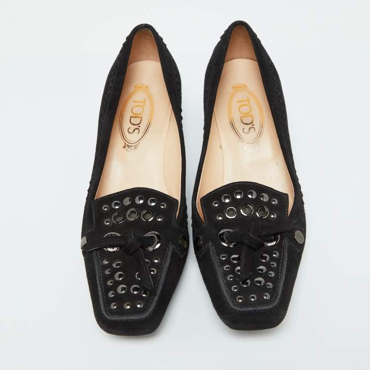 Pre Owned Tod's Black Suede Studded Kitten Heel Loafer Pumps Size 38.5