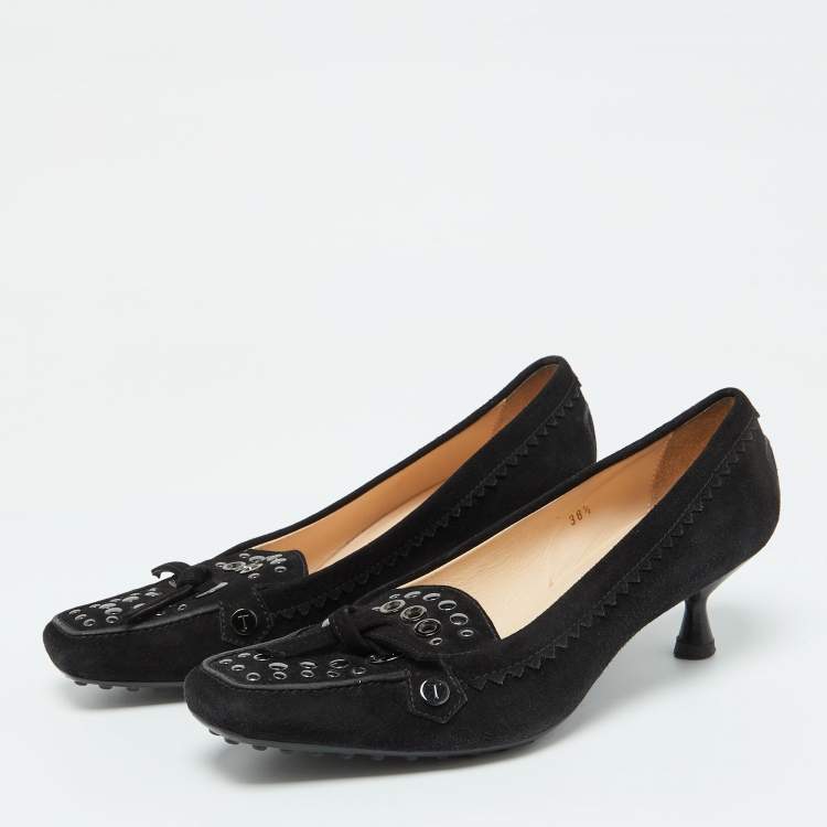 Pre Owned Tod's Black Suede Studded Kitten Heel Loafer Pumps Size 38.5