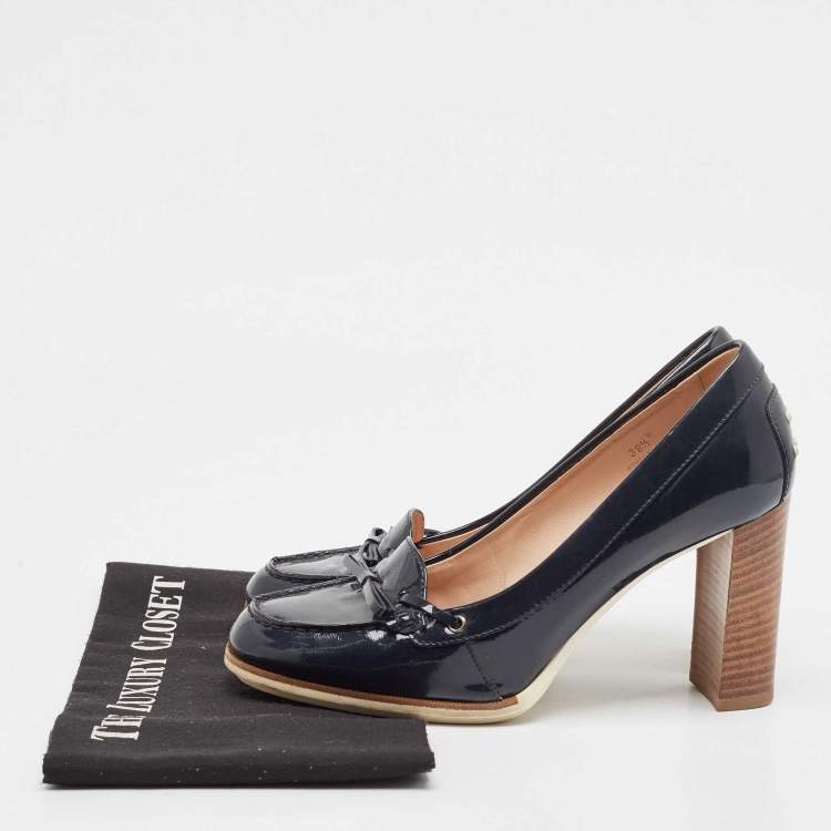 Pre Owned Tod's Navy Blue Patent Leather Block Heel Pumps Size 39.5