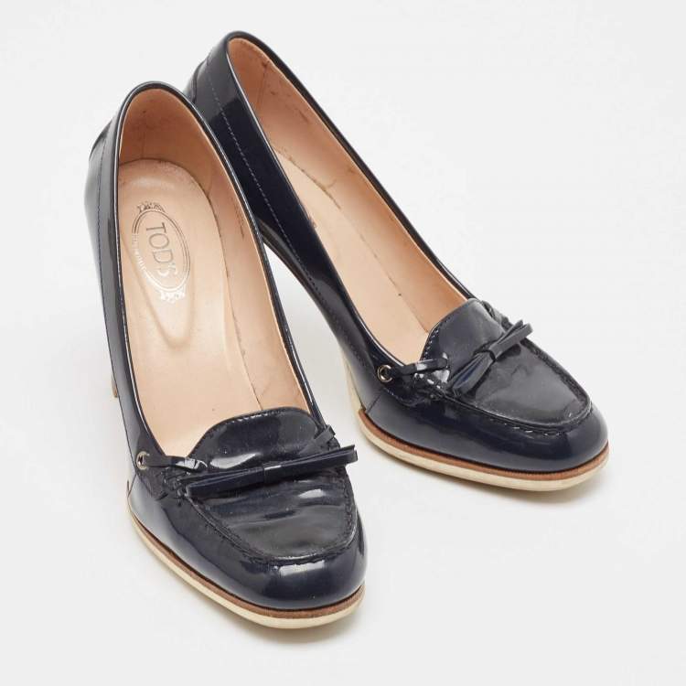 Pre Owned Tod's Navy Blue Patent Leather Block Heel Pumps Size 39.5