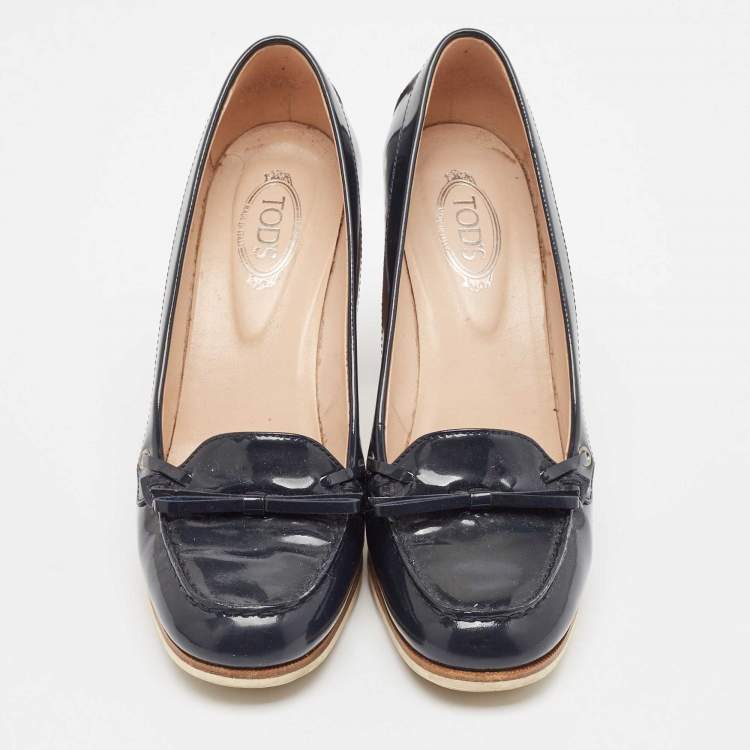 Pre Owned Tod's Navy Blue Patent Leather Block Heel Pumps Size 39.5