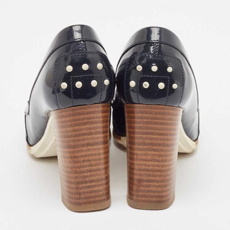 Pre Owned Tod's Navy Blue Patent Leather Block Heel Pumps Size 39.5