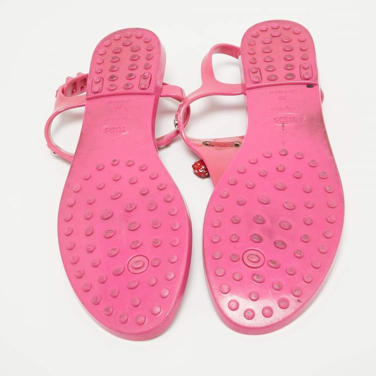 Pre Owned Tod's Pink Rubber Studded Tassel Thong Flat Sandals Size 39