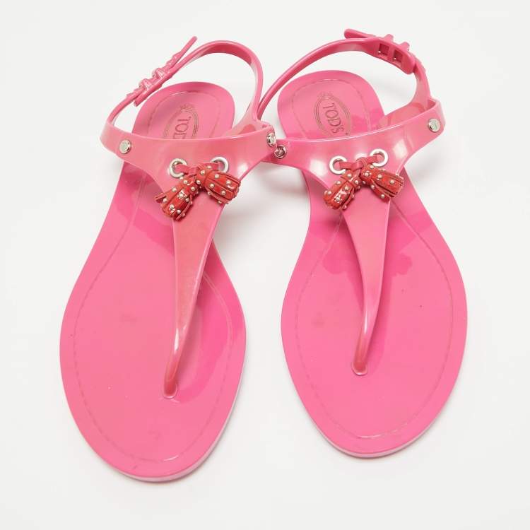 Pre Owned Tod's Pink Rubber Studded Tassel Thong Flat Sandals Size 39