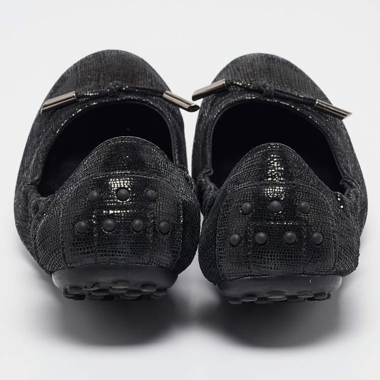 Pre Owned Tod's Metallic Black Textured Suede Scrunch Ballet Flats Size 37.5