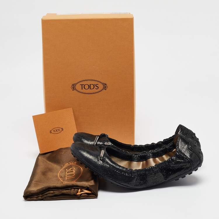 Pre Owned Tod's Metallic Black Textured Suede Scrunch Ballet Flats Size 37.5