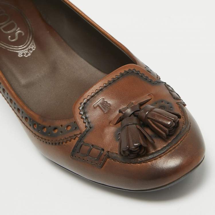 Pre Owned Tod's Brown Leather Tassel Detail Loafer Pumps Size 37.5