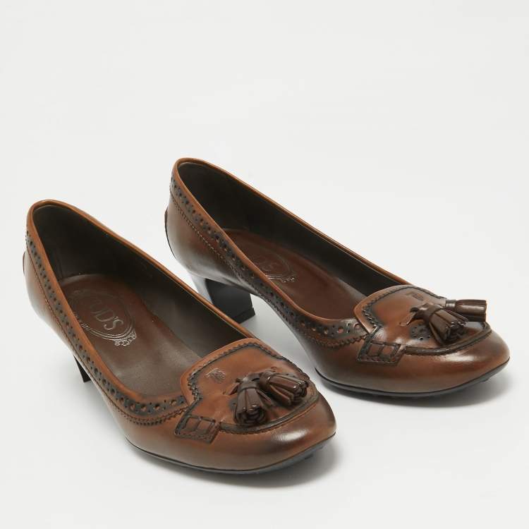 Pre Owned Tod's Brown Leather Tassel Detail Loafer Pumps Size 37.5