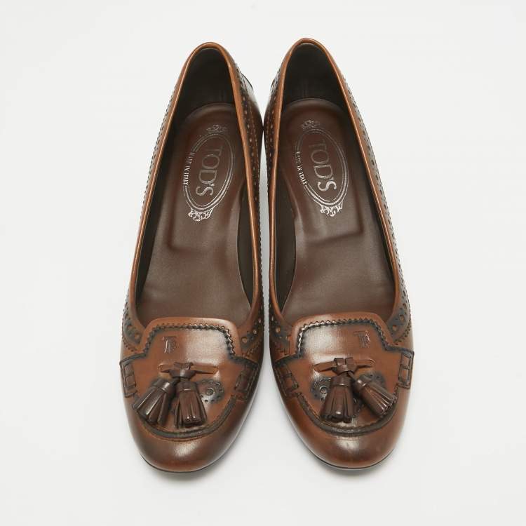 Pre Owned Tod's Brown Leather Tassel Detail Loafer Pumps Size 37.5