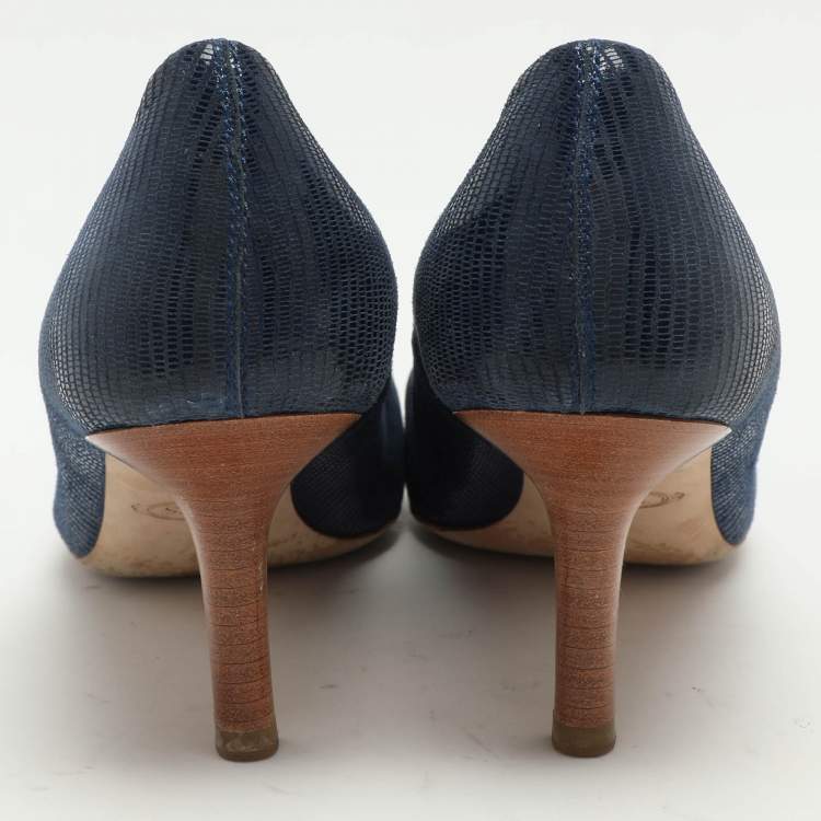 Pre Owned Tod's Blue Lizard Embossed Leather Round Toe Pumps Size 40