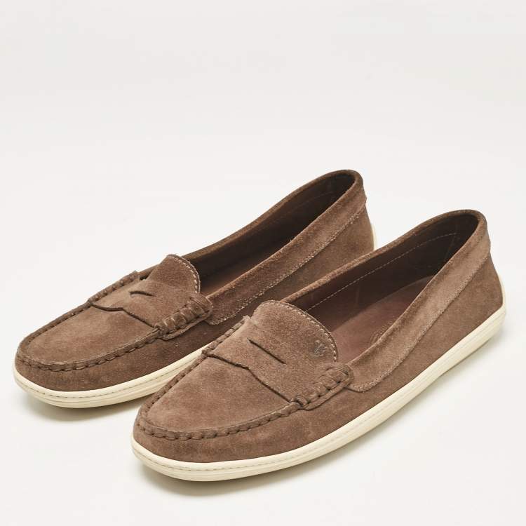 Pre Owned Tod's Khaki Brown Suede Penny Slip On Loafers Size 37.5