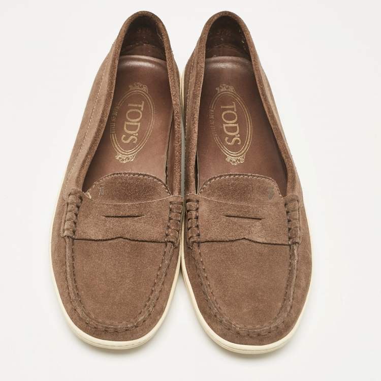 Pre Owned Tod's Khaki Brown Suede Penny Slip On Loafers Size 37.5