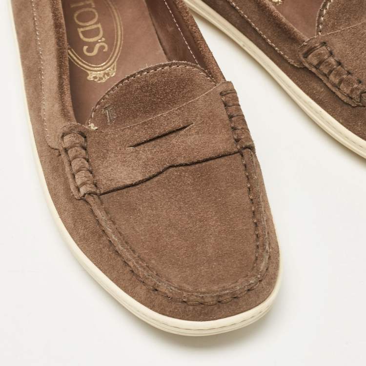 Pre Owned Tod's Khaki Brown Suede Penny Slip On Loafers Size 37.5