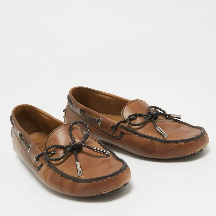 Pre Owned Tod's Brown Leather Gommini Bow Loafers Size 36