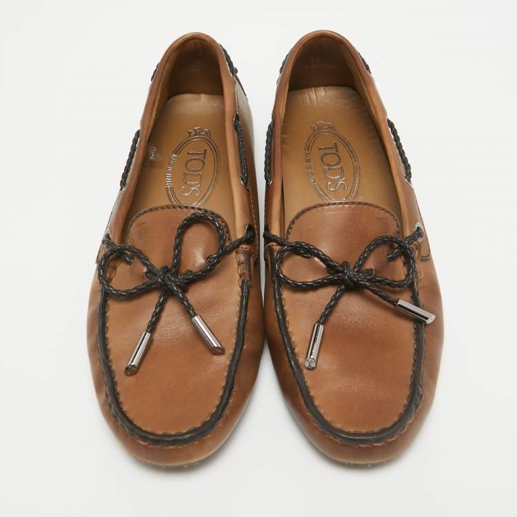 Pre Owned Tod's Brown Leather Gommini Bow Loafers Size 36
