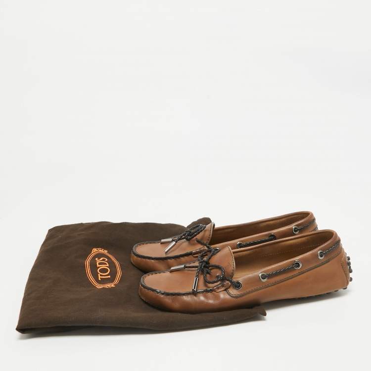 Pre Owned Tod's Brown Leather Gommini Bow Loafers Size 36