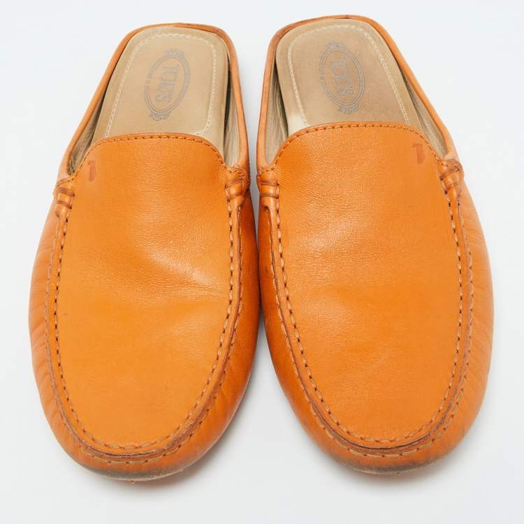 Pre Owned Tod's Orange Leather Flat Loafer Mules Size 37.5