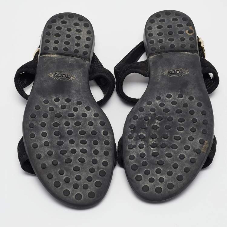 Pre Owned Tod's Black Suede Flat Sandals Size 38.5