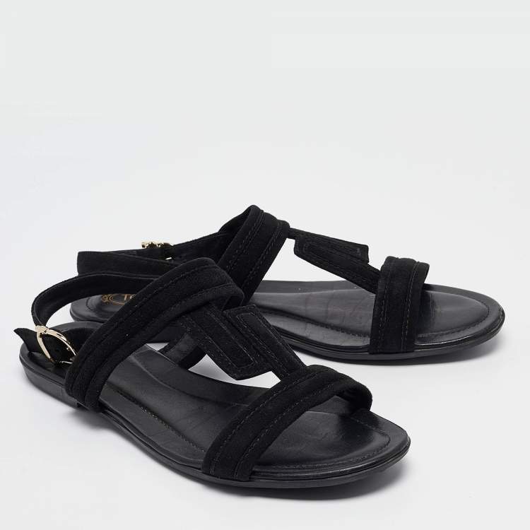 Pre Owned Tod's Black Suede Flat Sandals Size 38.5